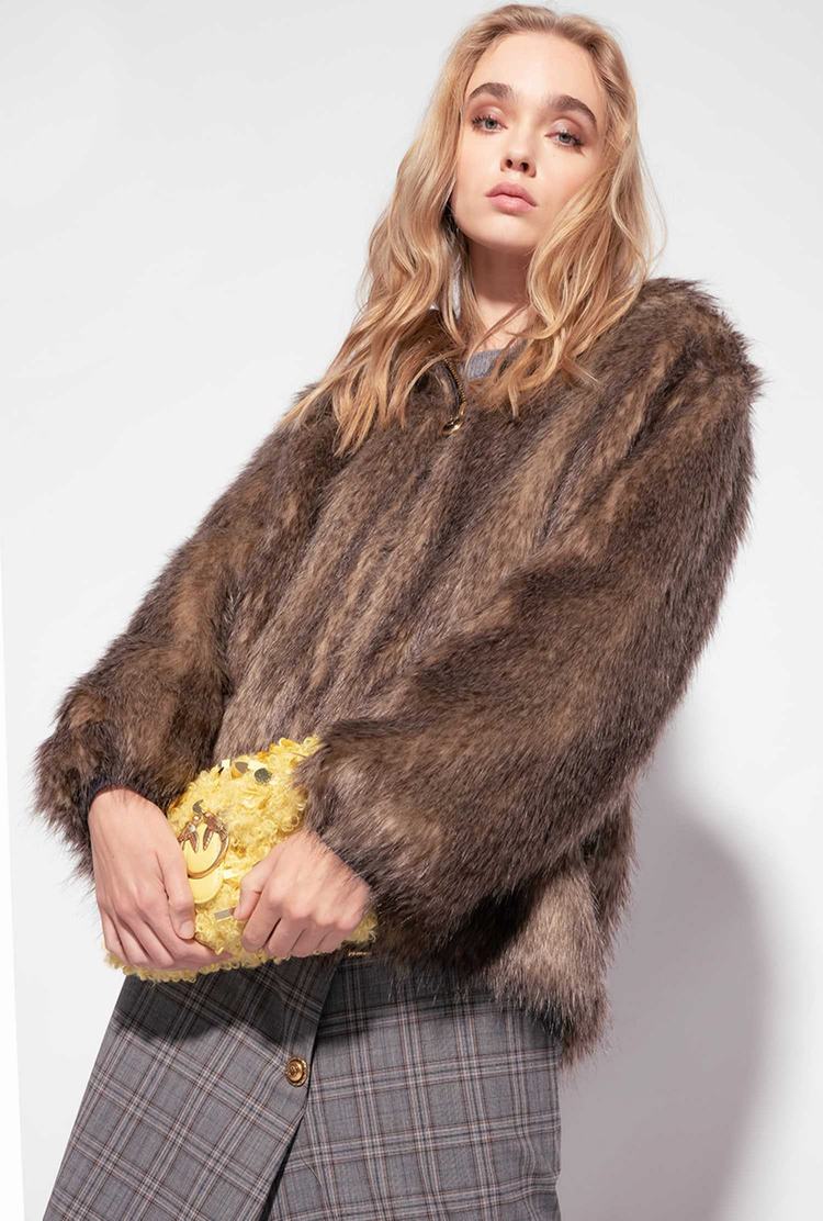 Dámské Bomber Bunda Pinko Faux Fur Tmavě Hnědé Béžový | CZ-50864979