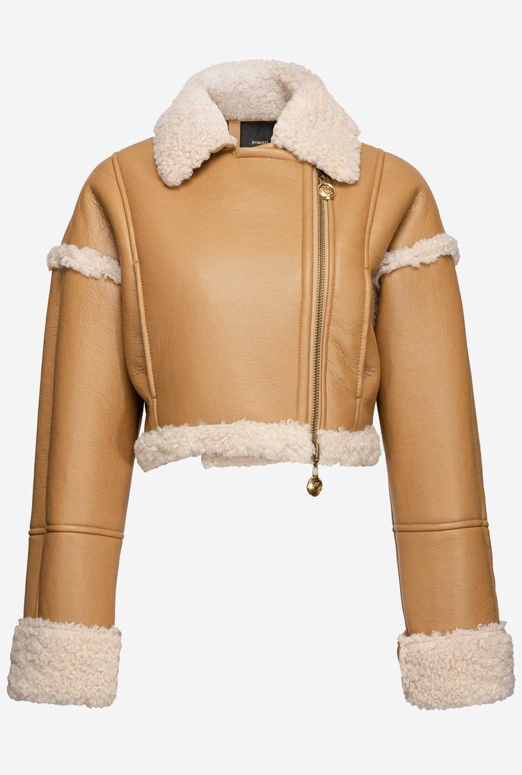 Dámské Bundy Pinko Sheepskin-effect Cropped Hnědé Bílé | CZ-91482079