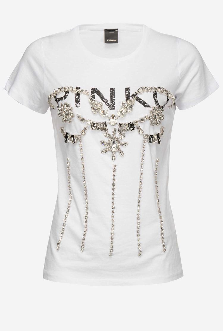 Dámské Tričko Pinko Jewel Detail Bílé | CZ-81623959